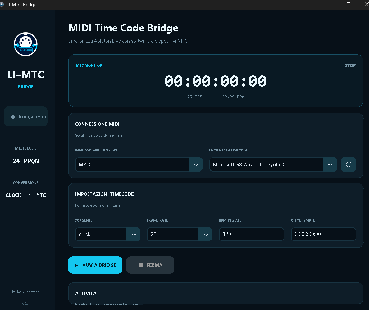 Schermata reale disponibile di LI MIDI Time Code Bridge